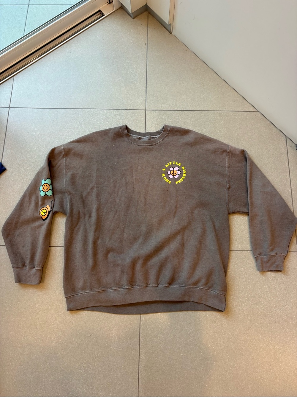 PacSun Brown Crewneck Sweater with Yellow & Teal Flower Graphics